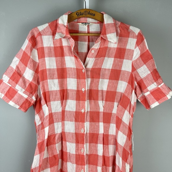 Boden Louise Midi Shirt Dress Womens US 10 Coral Plaid Check 100% Linen - Picture 2 of 7